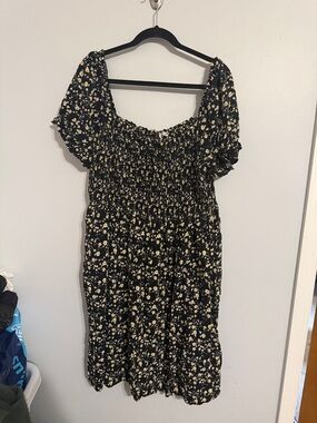 AUW Floral Smocked Puff Sleeve Midi Dress - Plus Size 3X - Black & Yellow